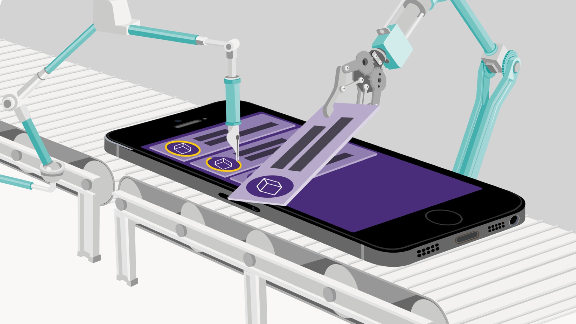 Das Bild zeigt ein gezeichnetes Smartphone auf einem Fließband. Roboterarme fügen dem Smartphone Dialoge zum Display und zeichnen dazugehörige Konturen nach. Es sieht aus, als wenn ein Dialogablauf gebaut wird.