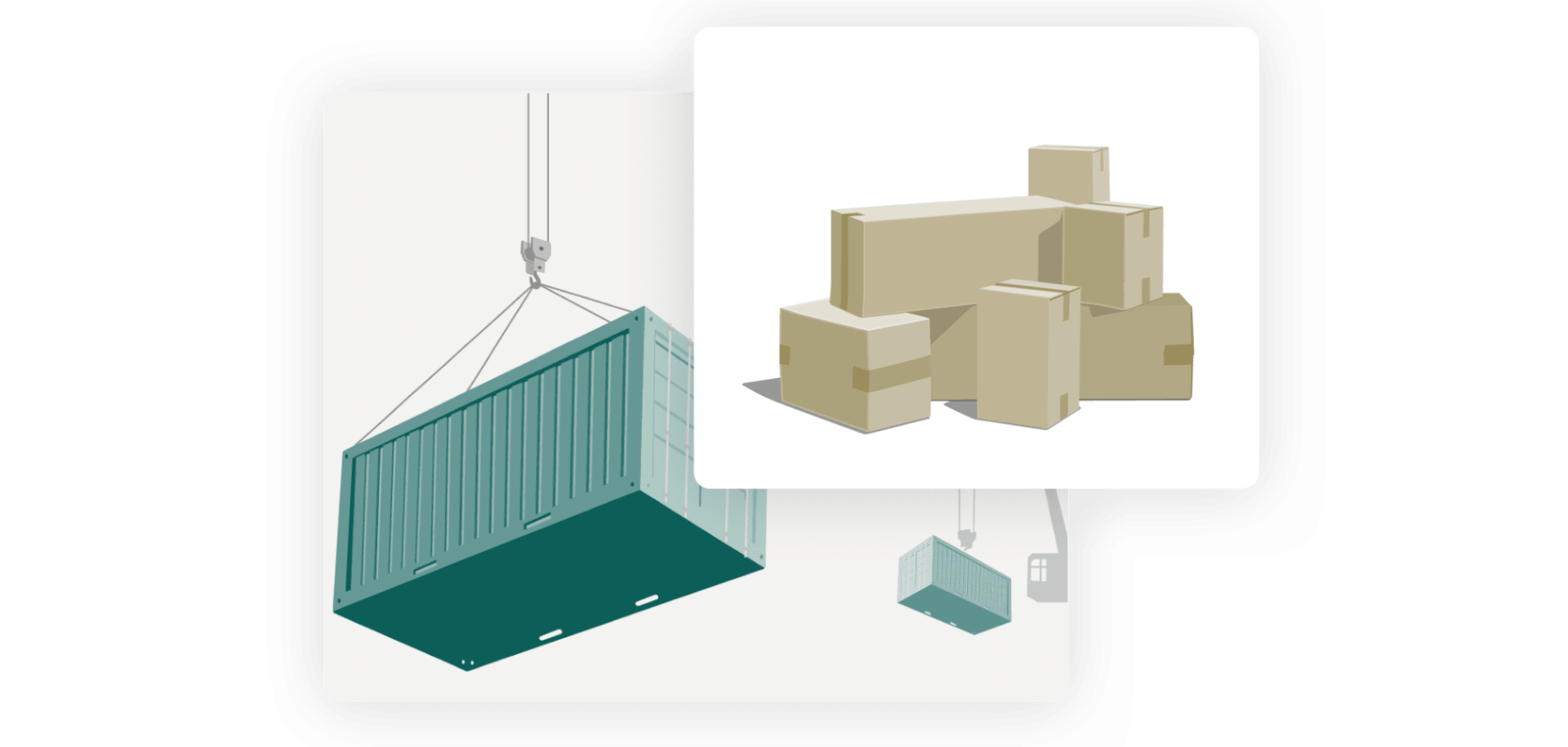 The picture shows two drawn images. One with containers that are presumably being loaded or unloaded. The other picture shows stacked cardboard boxes of different sizes.