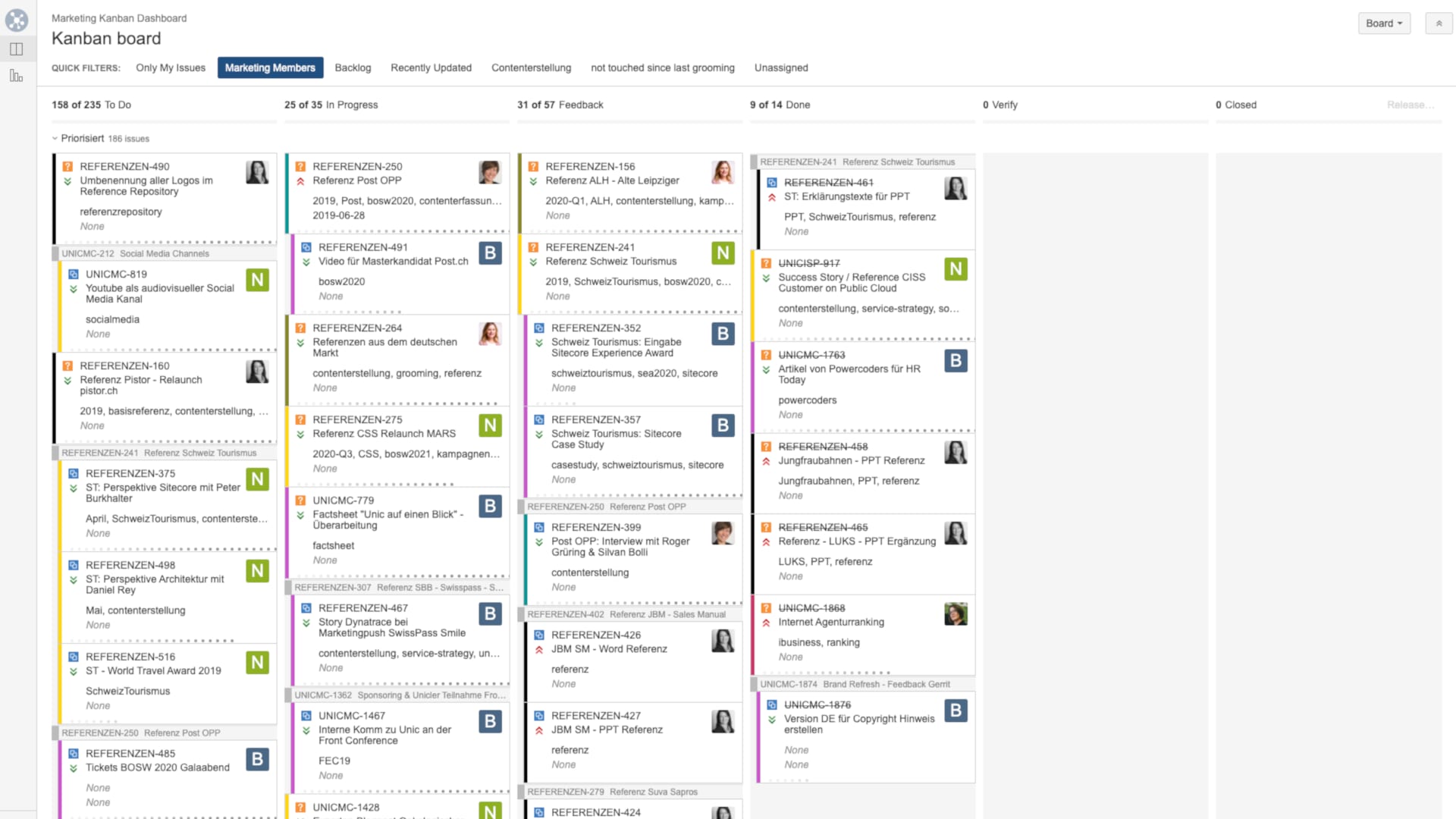 Screenshot of the KANBAN board with marketing tasks in the statuses To Do, In Progress, Feedback and Done