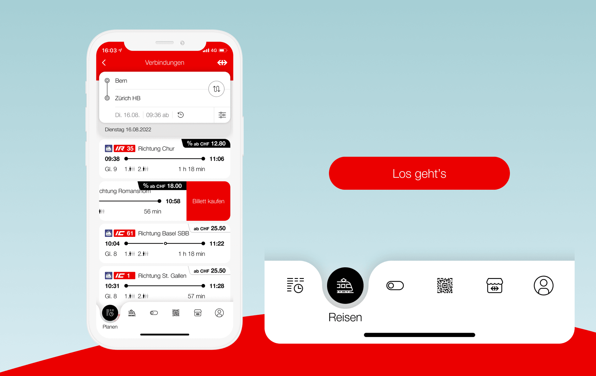 Das Bild zeigt das User Interface der mobilen SBB App. Im Detail erkennt man eine Route von Bern nach Zürich – darunter die einzelnen Verbindungen.