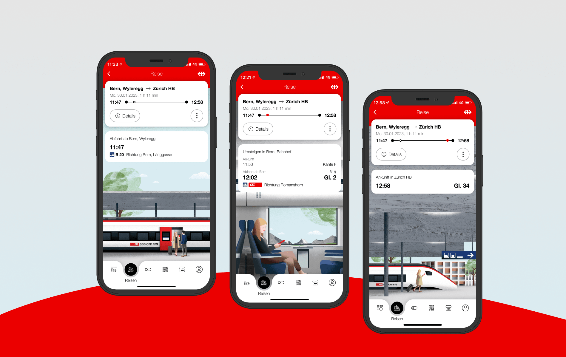 Das Bild zeigt unterschiedliche Dialog-Situation, sobald man sich auf die Reise mit der SBB macht. Abfahrt mit Hinweis auf das Gleis,  Umsteige-Plan sowie Ankunft - alles in Echtzeit. Die Hinweise erscheinen situativ in der App.