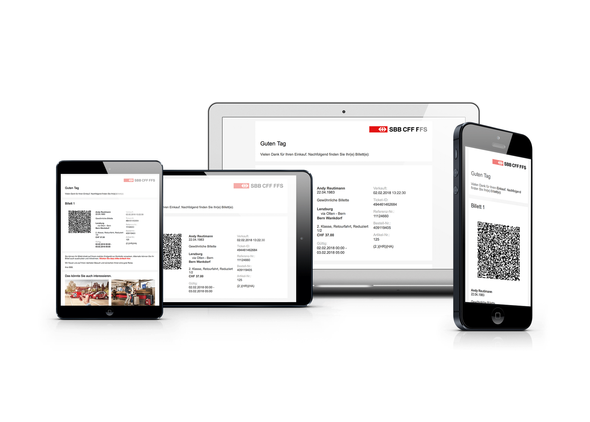 Das Bild zeigt unterschiedliche Geräte: Notebook, Smartphone, Tablet. Auf den einzelnen Displays erkennt man die Bestellbestätigung der SBB inkl. einem QR-Code für Schaffner:innen.