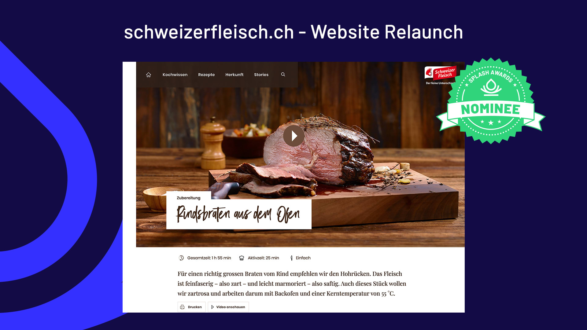 Das Bild zeigt einen Screenshot des Frontend von schweizerfleisch.ch. Unic hat den Relaunch der Seite realisiert. Man erkennt zudem den Hinweis für eine Nominierung für den Splash Award.