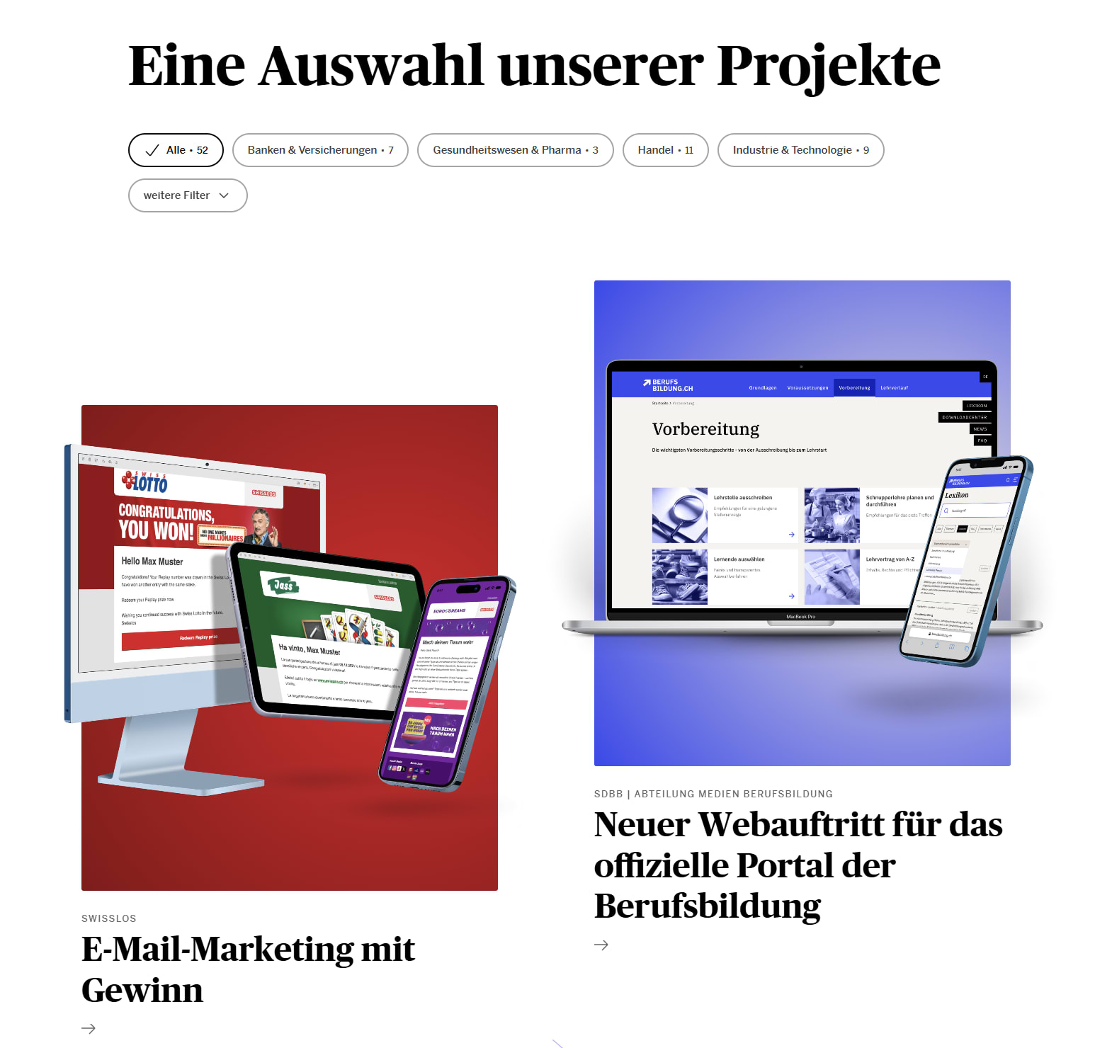 Übersichtsseite der Projekte von Unic, mit diversen Filtermöglichkeiten