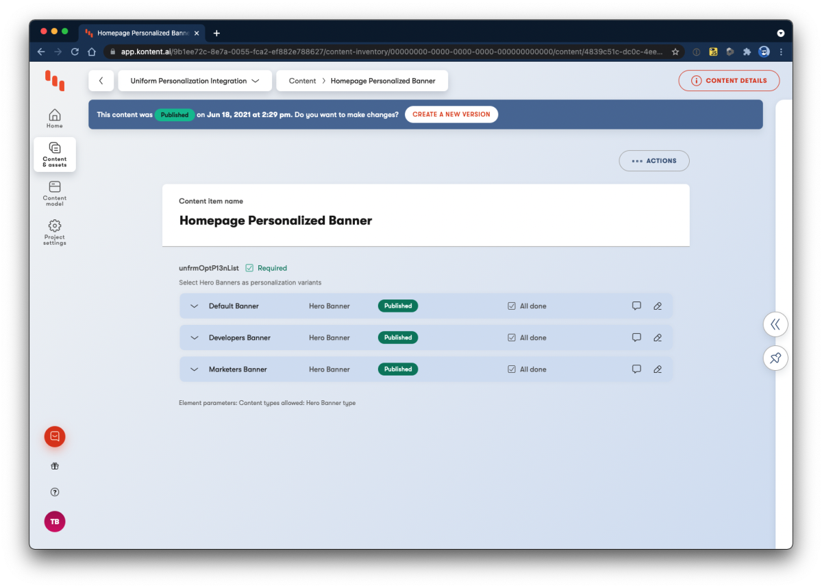 Kentico Kontent Personalized component with versions