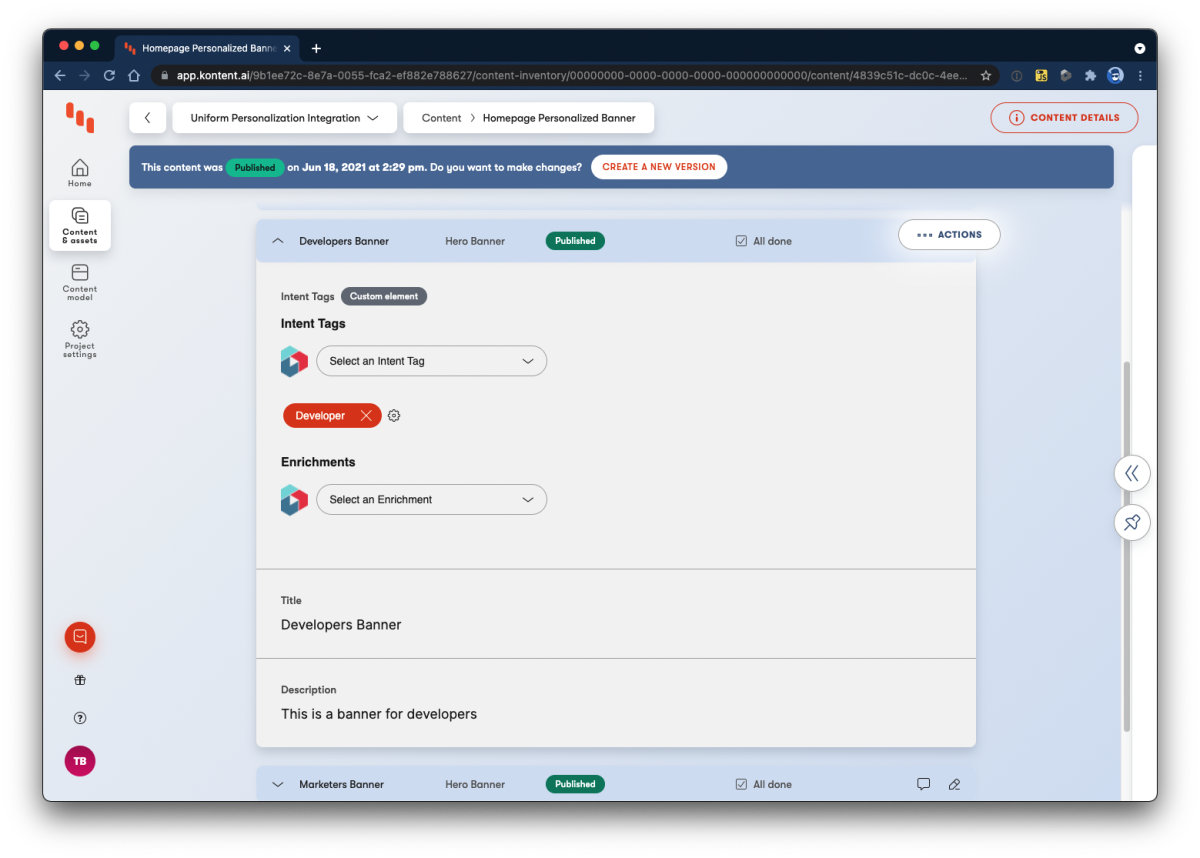 Kentico Kontent integration field from Uniform