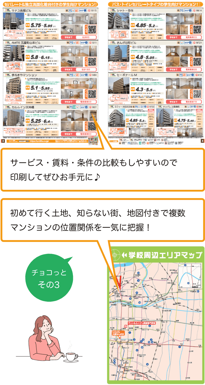 チョコっと その3 サービス・賃料・条件の比較もしやすいので印刷してぜひお手元に♪初めて行く土地、知らない街、地図付きで複数マンションの位置関係を一気に把握！ 