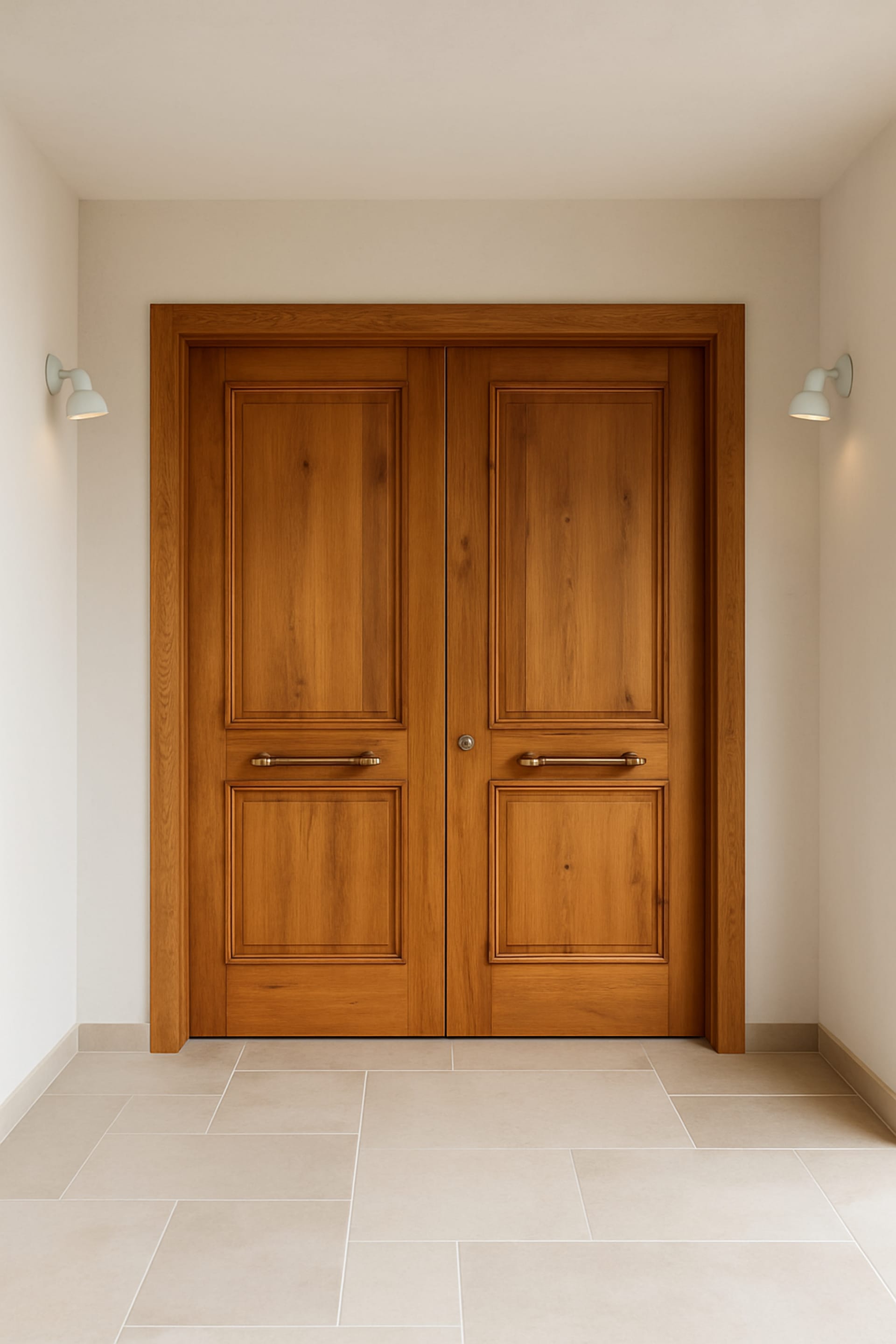 דלת כניסה דו כנפית מעץ מלא בגוון עץ טיבעי