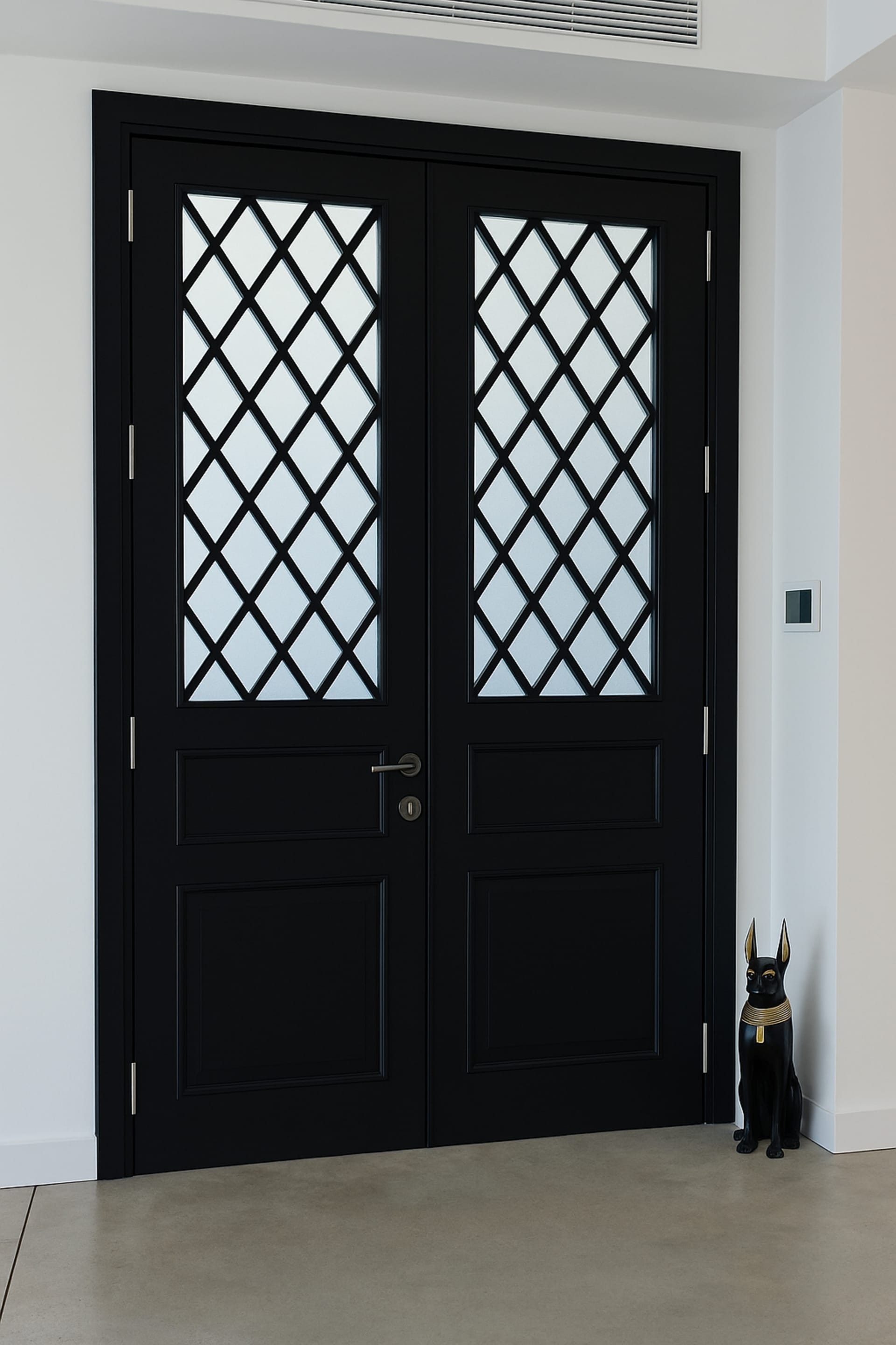 דלת כניסה דו כנפית מעץ מלא בצבע שחור בשילוב סורגים וזכוכית