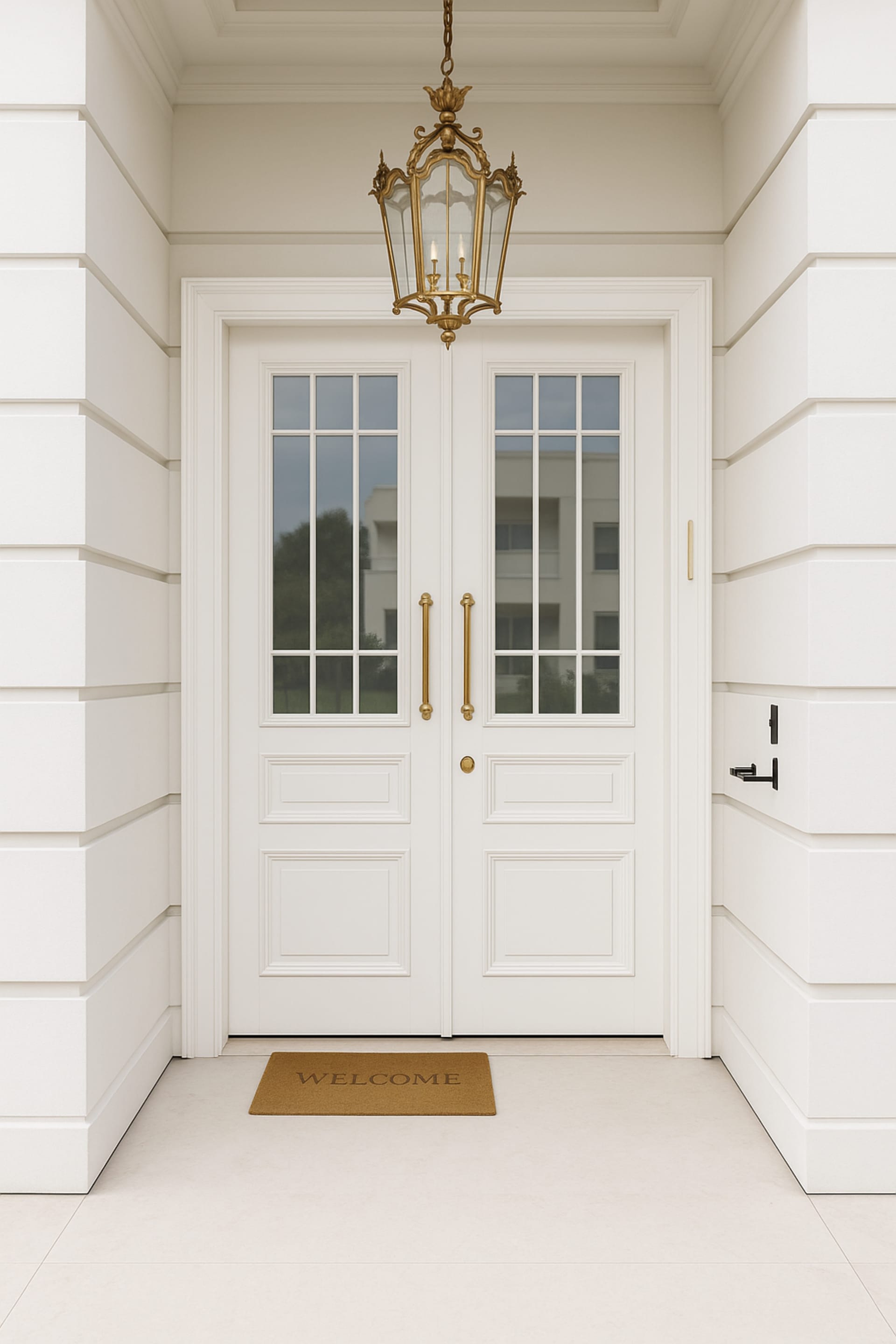 דלת כניסה דו כנפית מעץ מלא בצבע לבם בשילוב סורגים גיאומטרים וזכוכיות