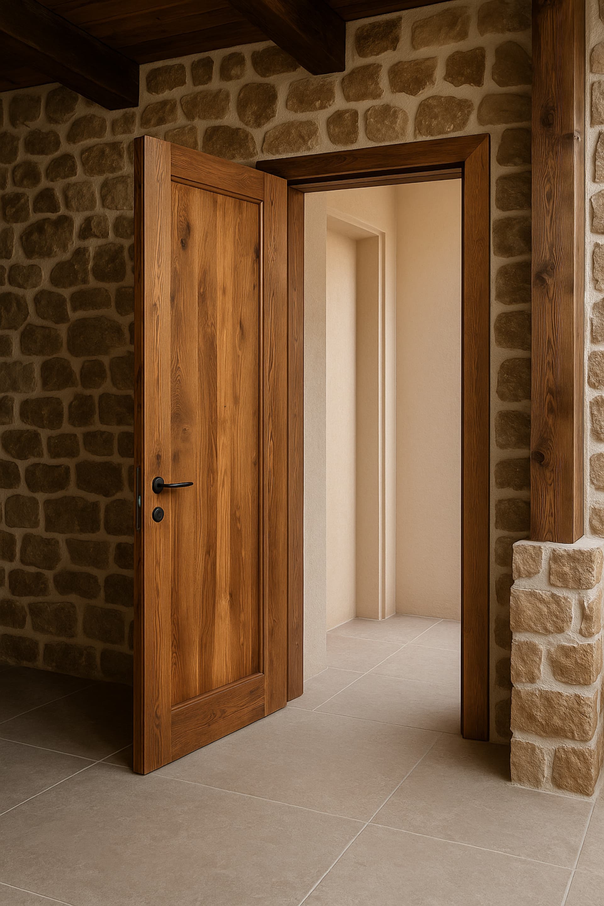 דלת פנים ליציאה לחלל המרפסת מעץ מלא בגוון עץ טיבעי עם חריטה גאומטרית מלבנית קלאסית