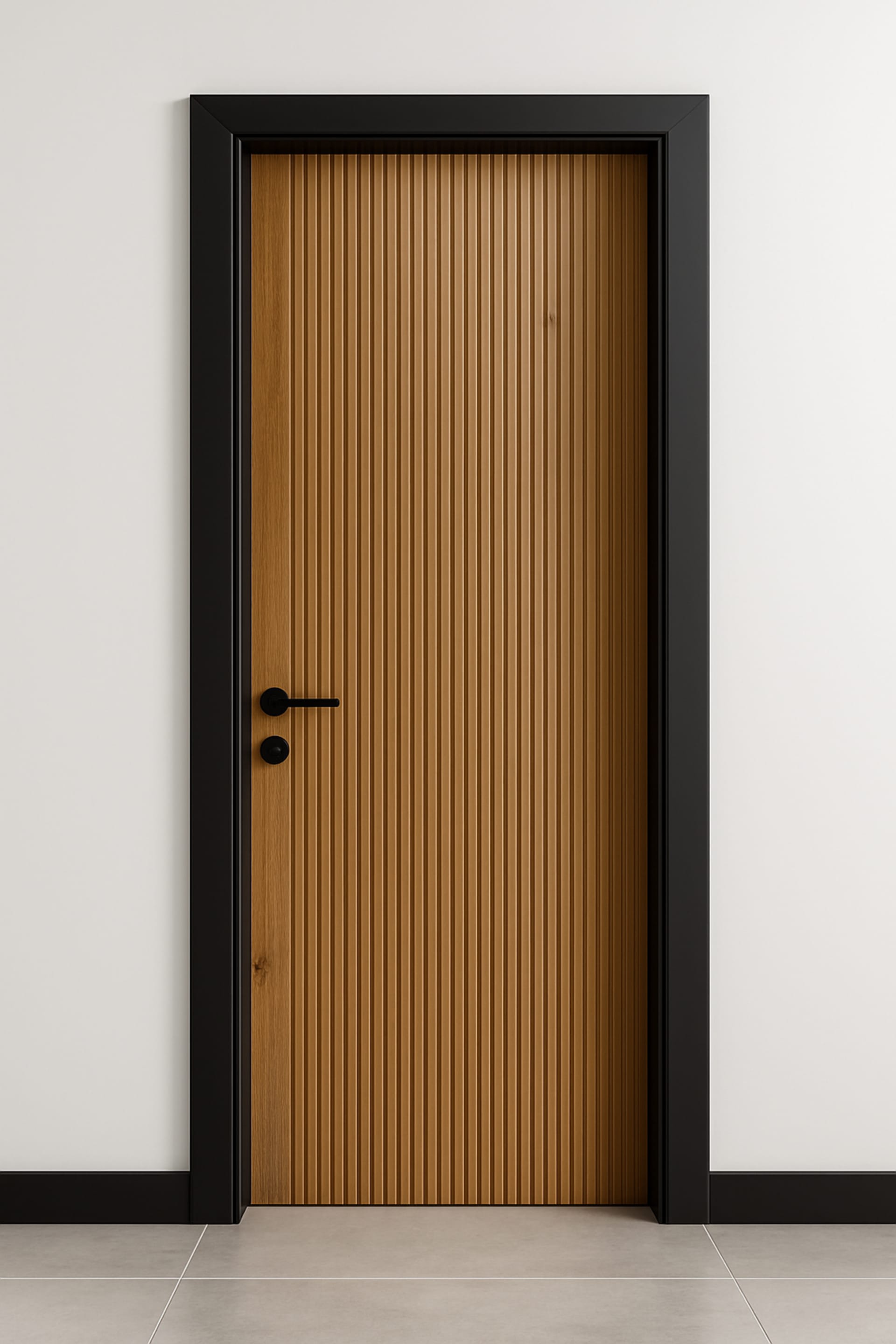 דלת פנים בצבע עץ טיבעי בטקסטורת פסים