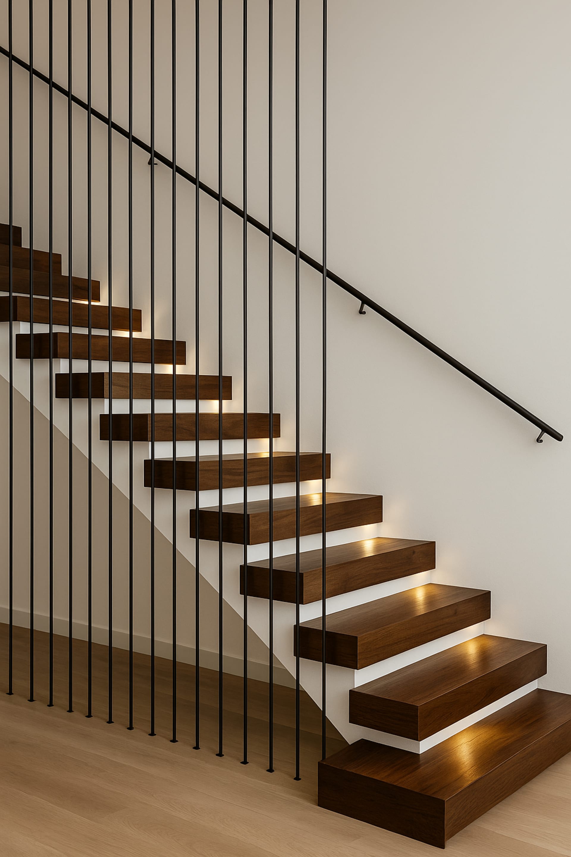 מדרגות צפות קלאסיות מעץ מלא בצבע אגוז