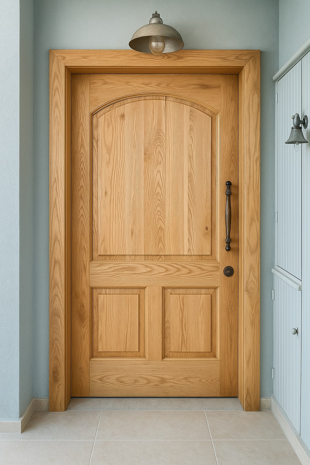 דלת כניסה מעץ מלא בגוון עץ בהיר וחריטות סימטריות