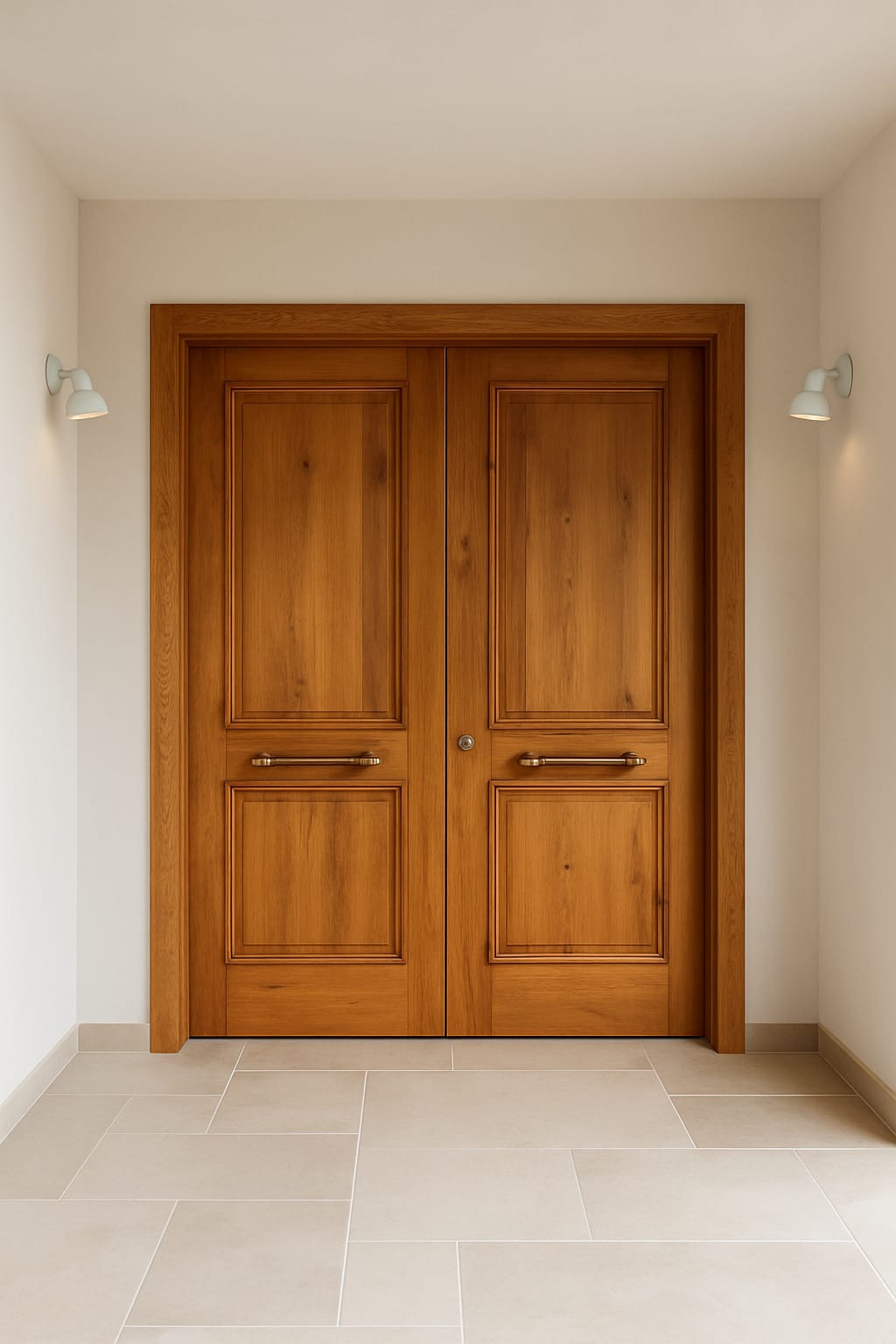 דלת כניסה דו כנפית מעץ מלא בגוון עץ טיבעי