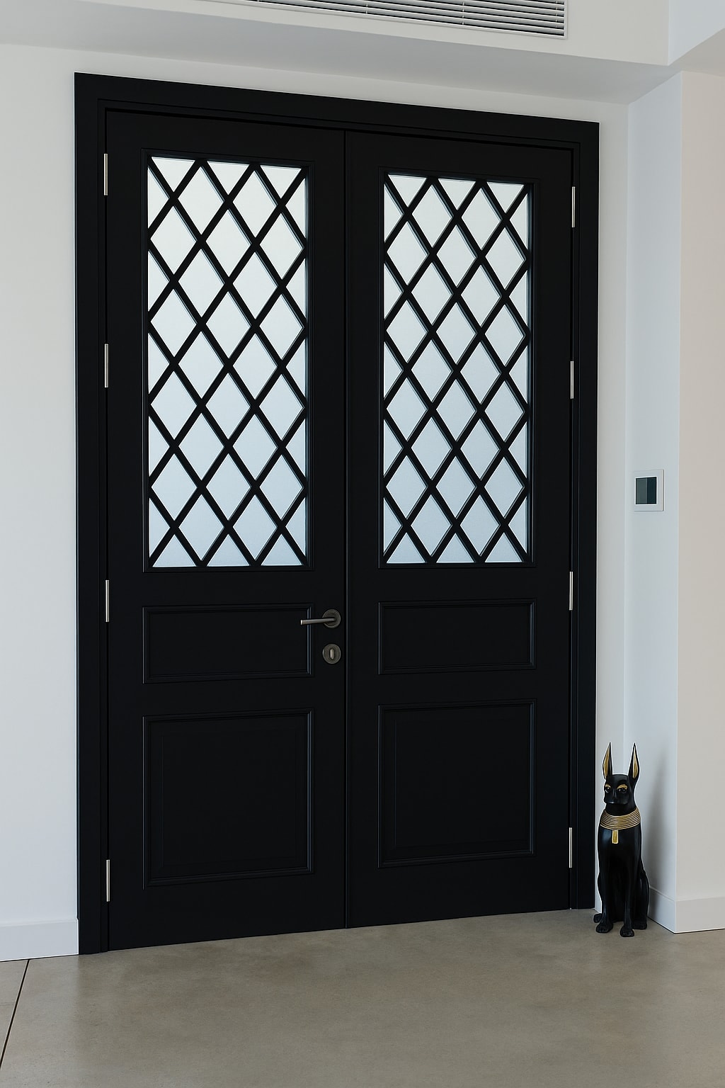 דלת כניסה דו כנפית מעץ מלא בצבע שחור בשילוב סורגים וזכוכית