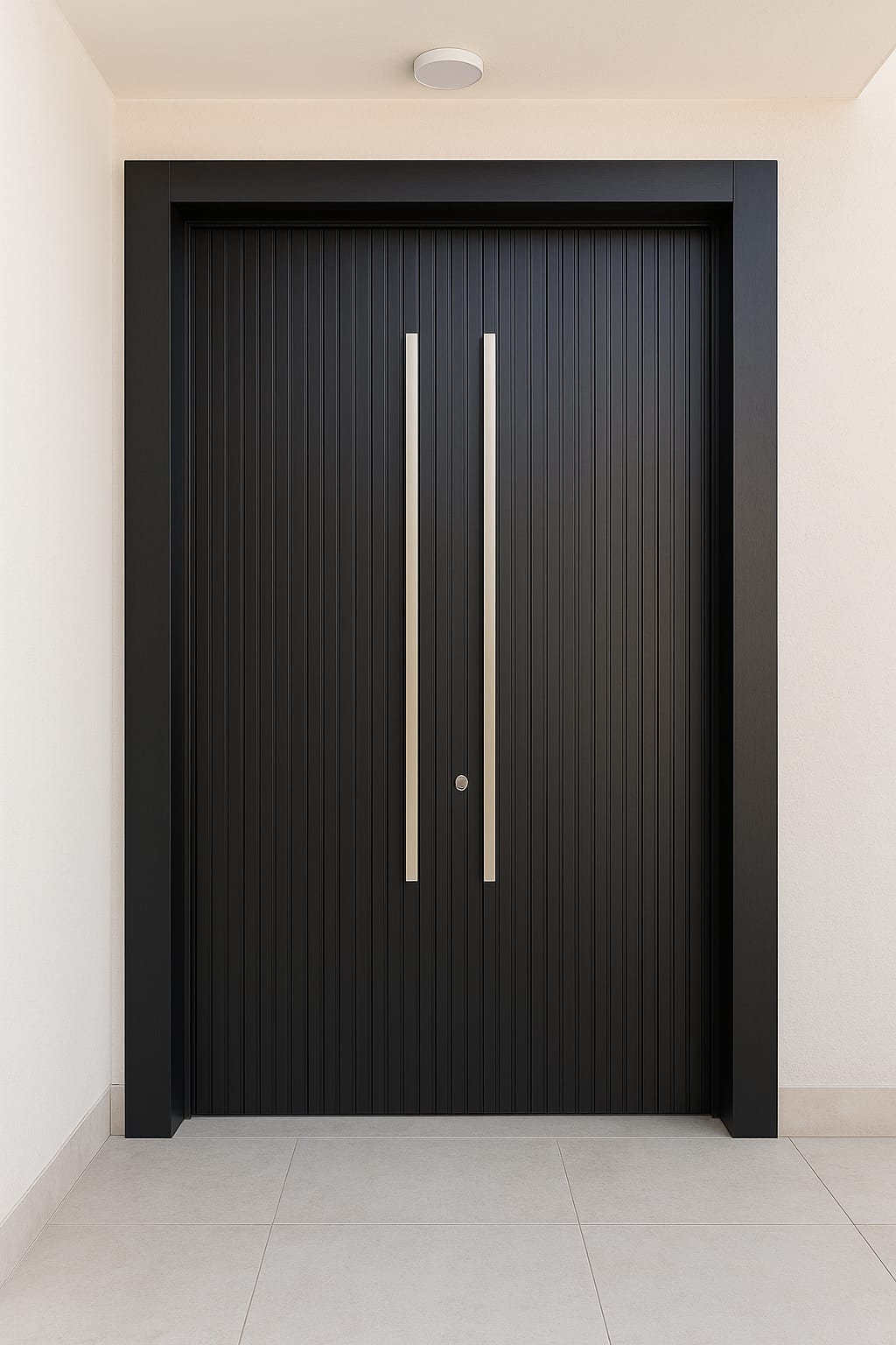 דלת כניסה דו כנפית מעץ מלא בצבע שחור עם חריטה סימטרית עדינה