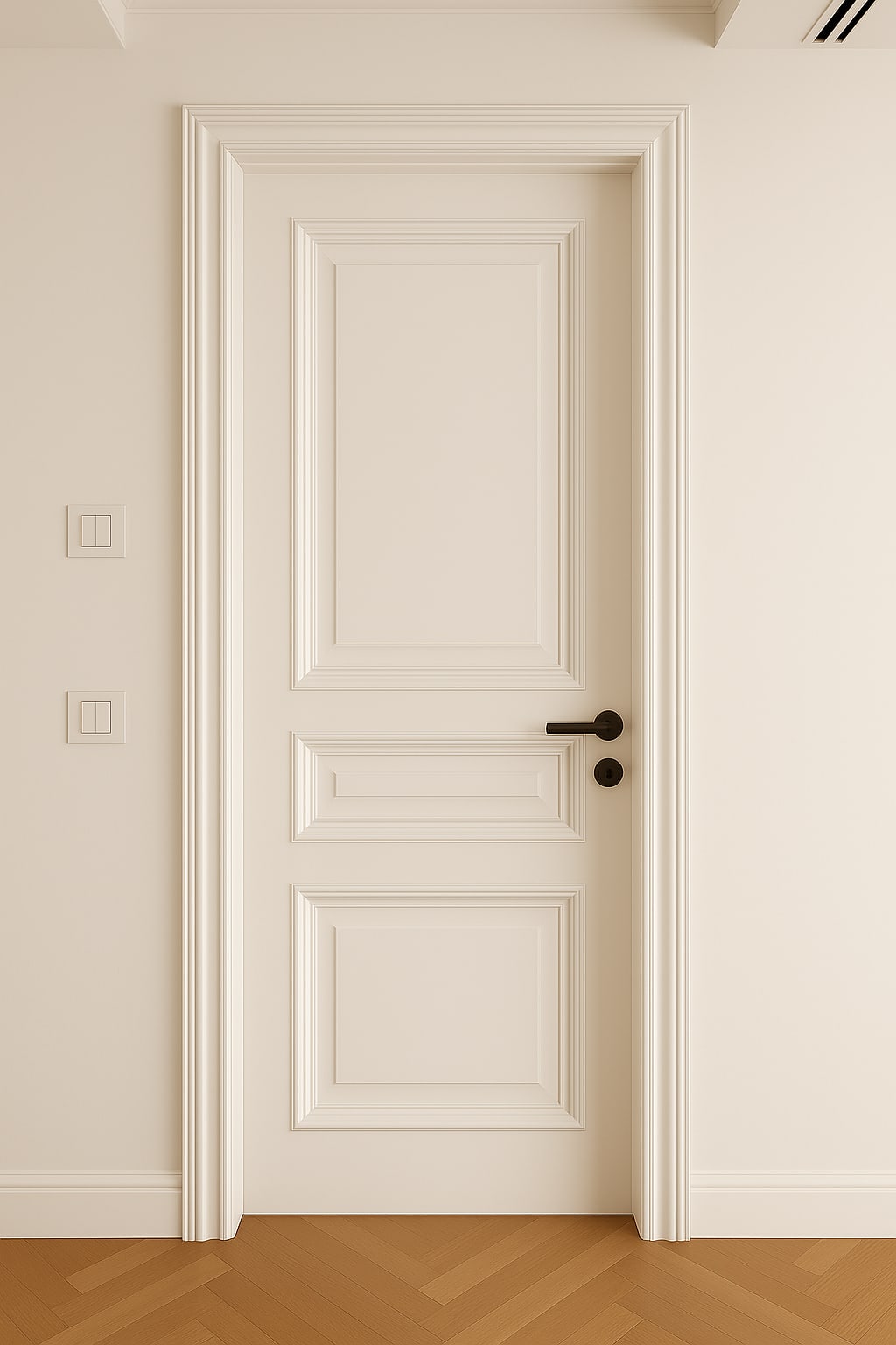 דלת פנים לבנה עם חריטות מלבנים קלאסיות