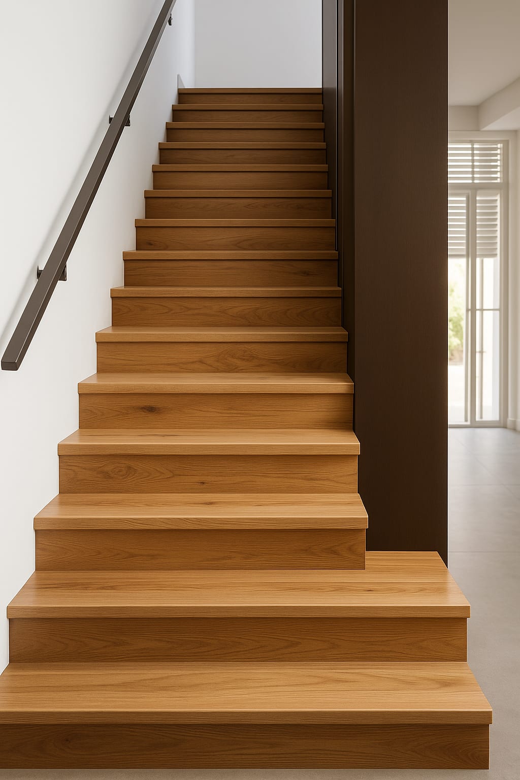 גרם מדרגות מעץ מלא בצבע עץ טיבעי