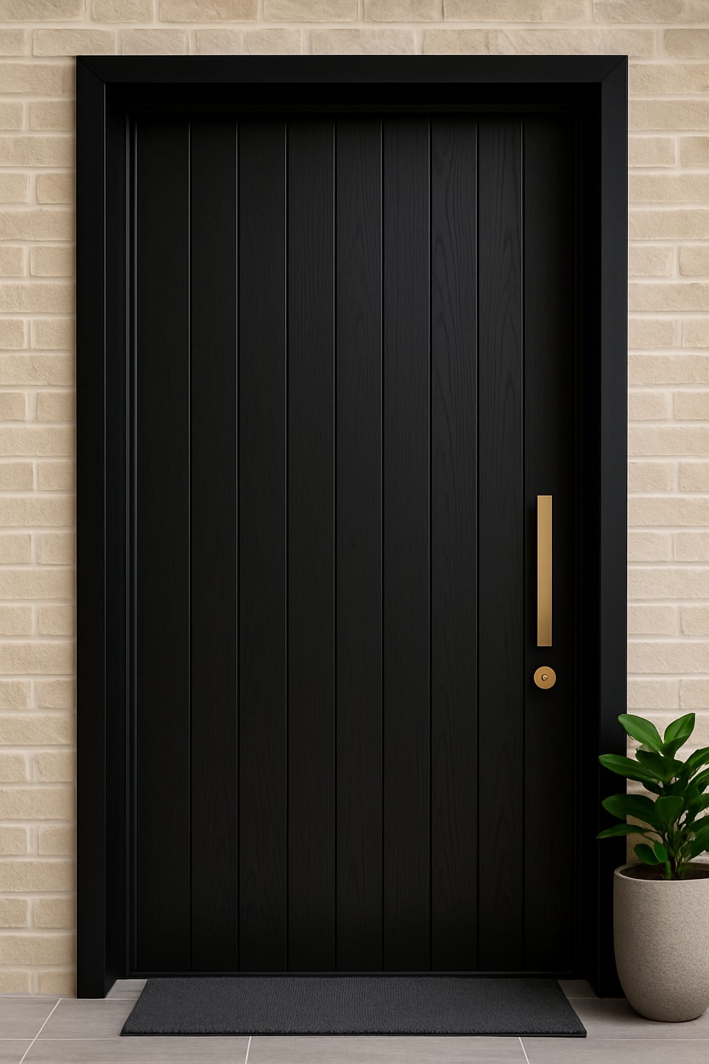 דלת כניסה מעץ מלא בצבע שחור עם חריטות פסים סימטריות ועדינות