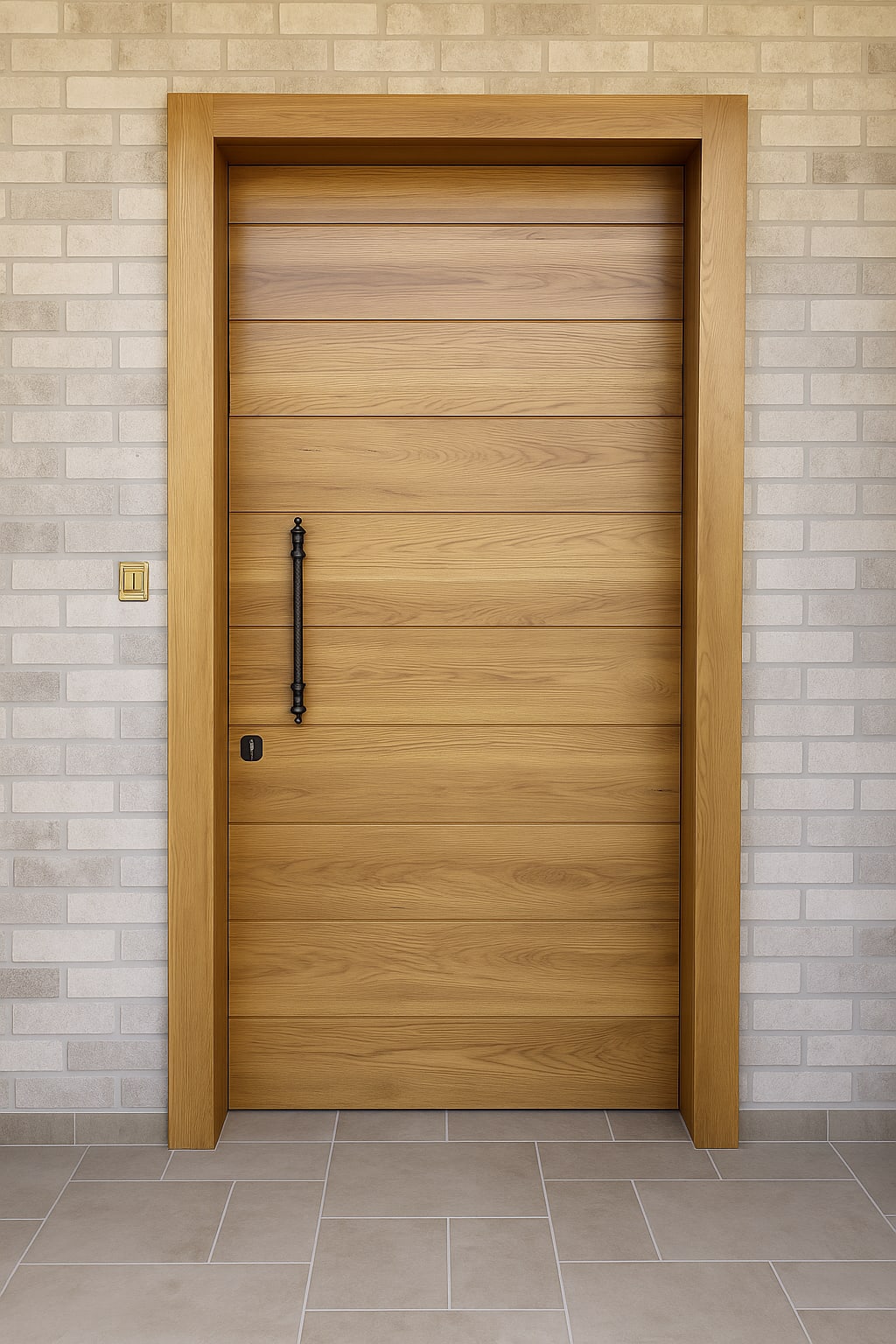 דלת כניסה מעץ מלא בגוון עץ טיבעי בהיר
