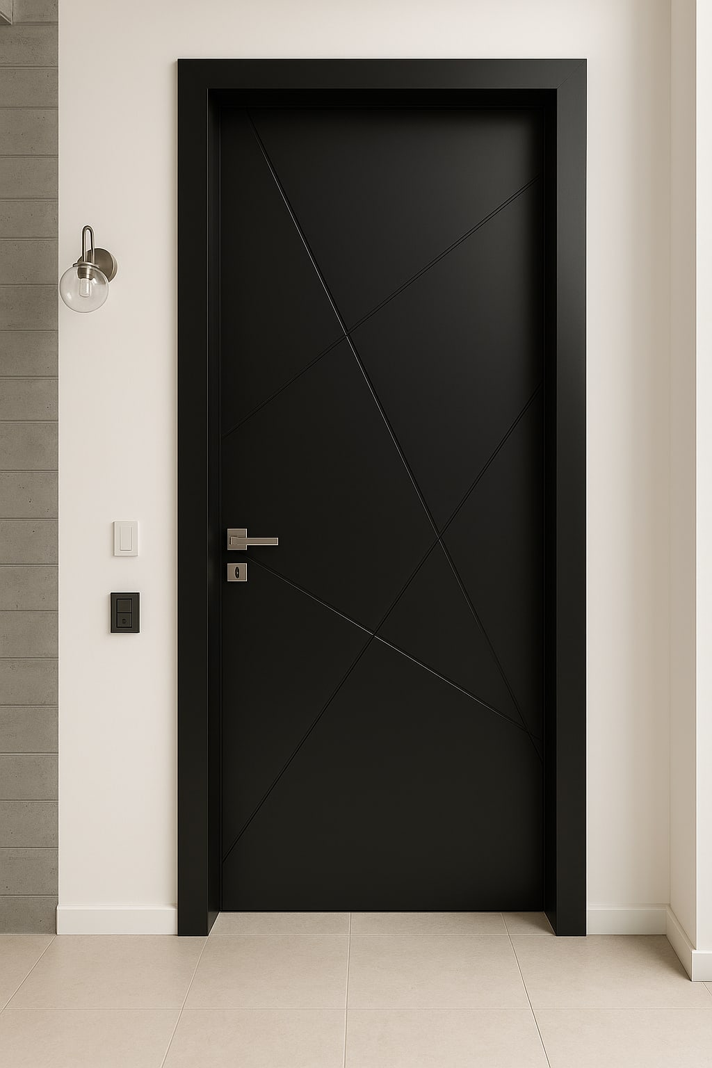 דלת כניסה מעץ מלא בצבע שחור עם חריטות אלכסוניות נגדיות עדינות