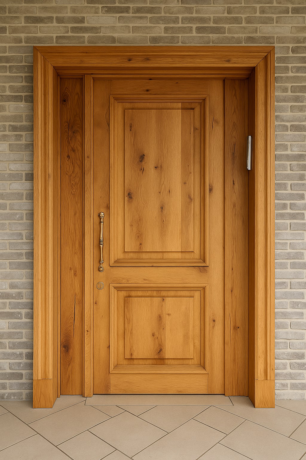 דלת כניסה מעץ מלא בגוון עץ בהיר בעיצוב חריטות גאומטריות