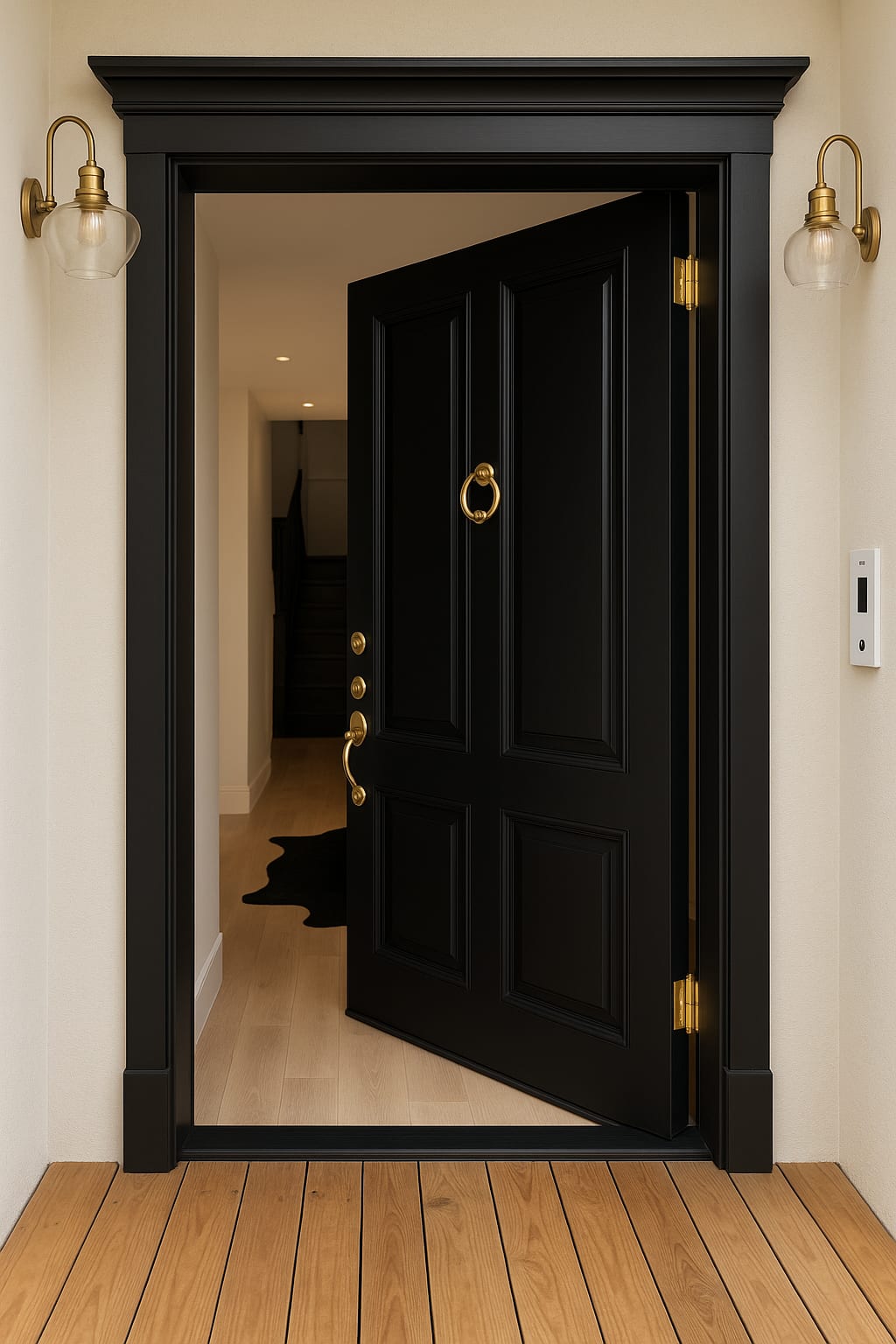 דלת עץ מלא בשילוב חריטות גאומטריות בצבע שחור