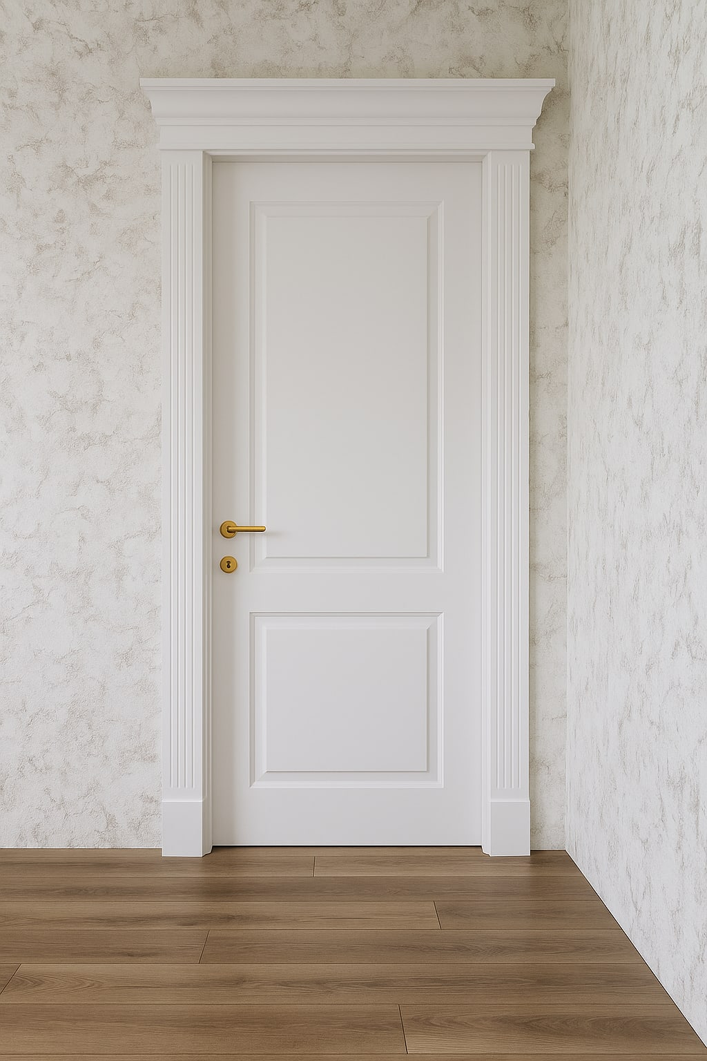 דלת פנים מעץ מלא בצבע לבן ומשקוף עם קרניז עליון