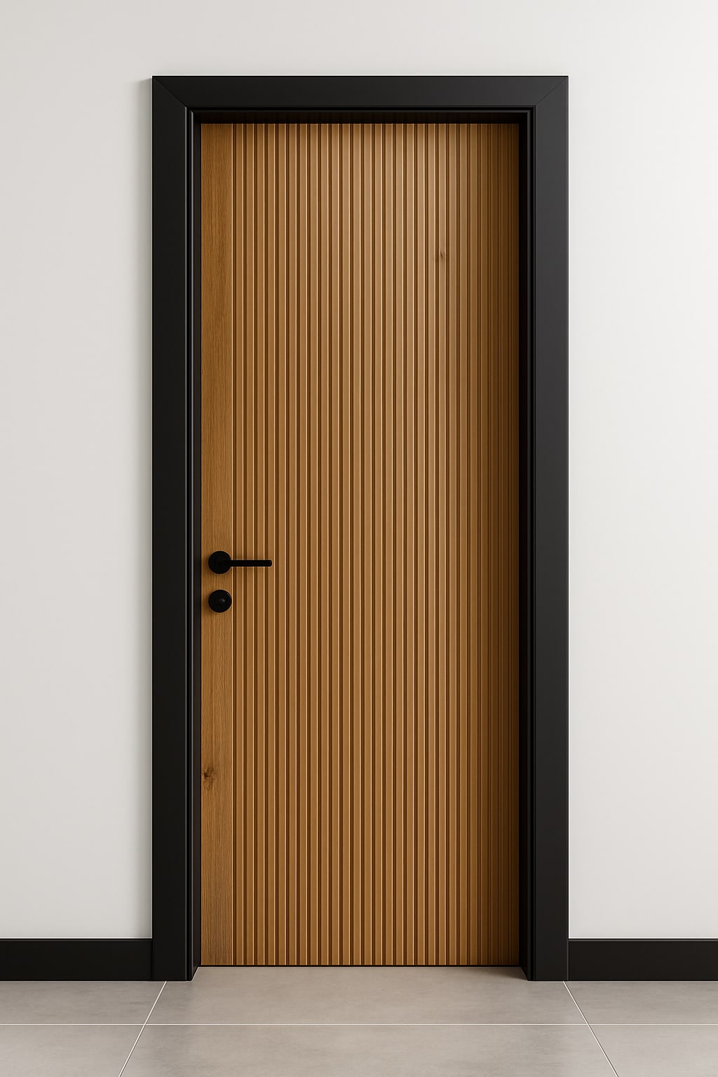 דלת פנים בצבע עץ טיבעי בטקסטורת פסים