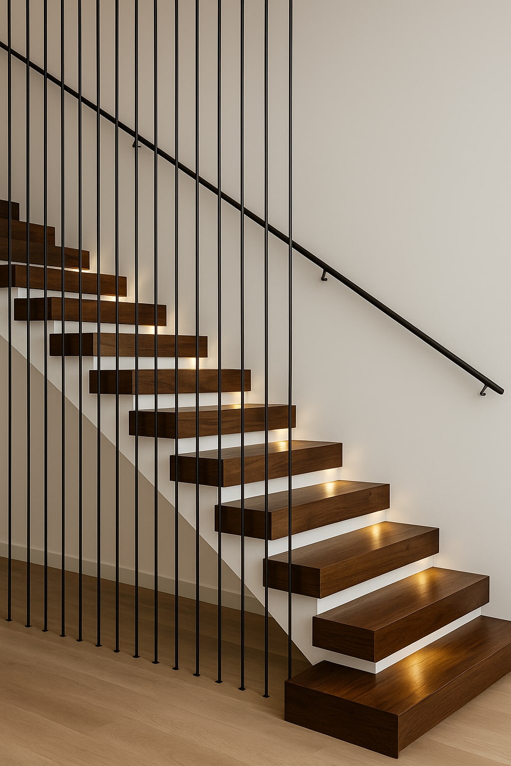 מדרגות צפות קלאסיות מעץ מלא בצבע אגוז