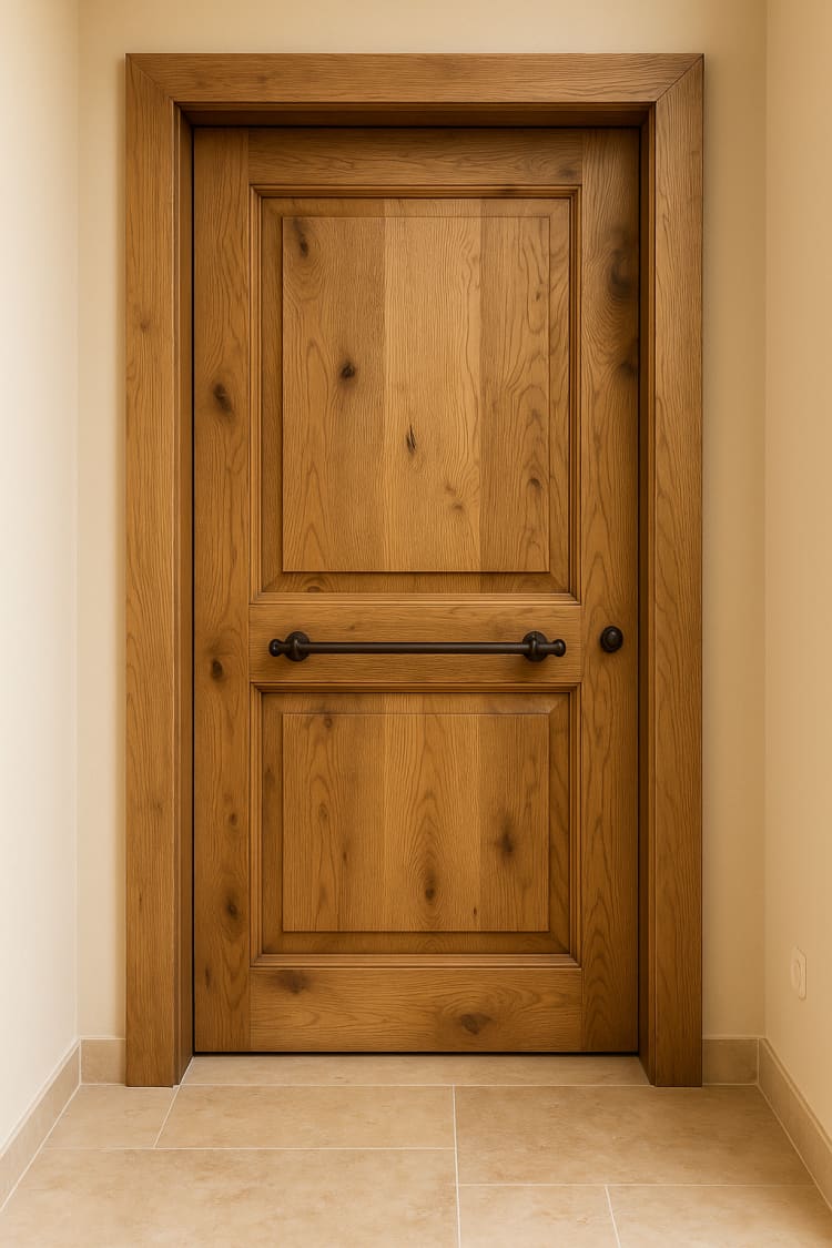 דלת כניסה מעץ מלא בגוון עץ טיבעי ופרזול מוט לרוחב