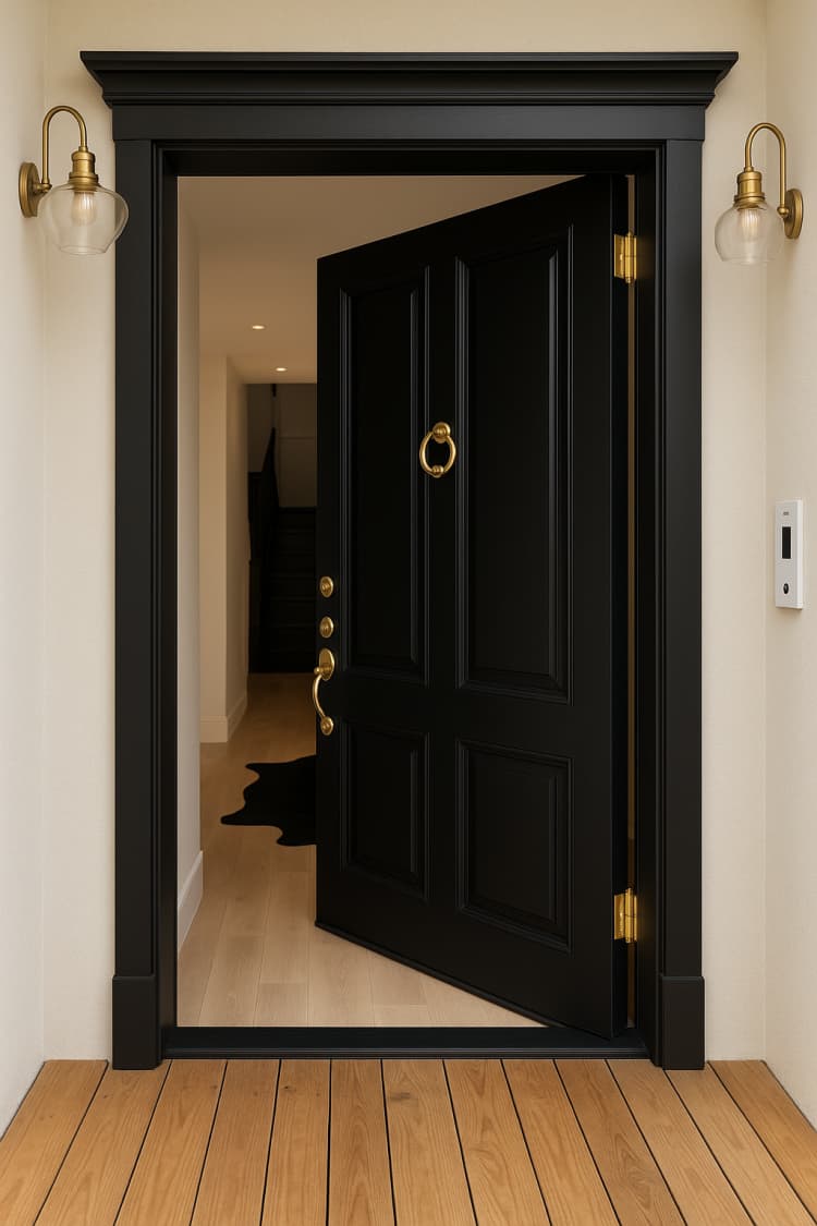 דלת עץ מלא  בשילוב חריטות גאומטריות  בצבע שחור