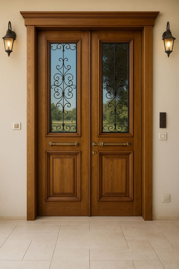 דלת כניסה מעץ מלא בגוון עץ טיבעי בשילוב סורגים וזכוכיות