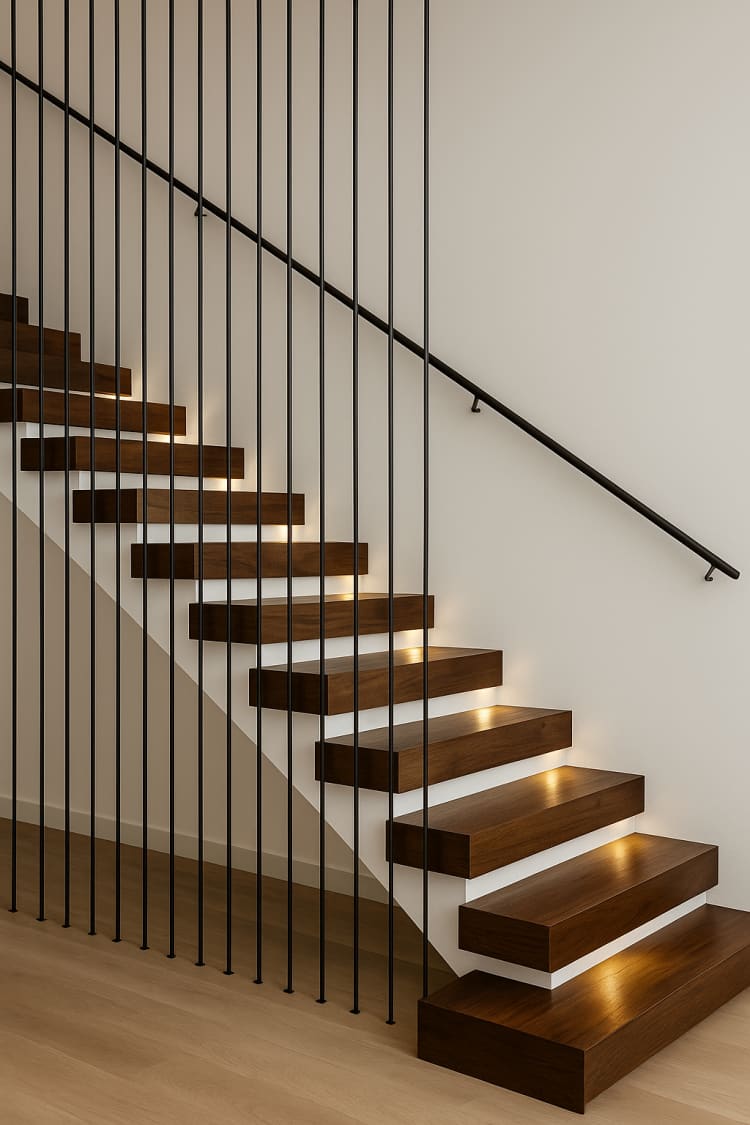 מדרגות צפות קלאסיות מעץ מלא בצבע אגוז