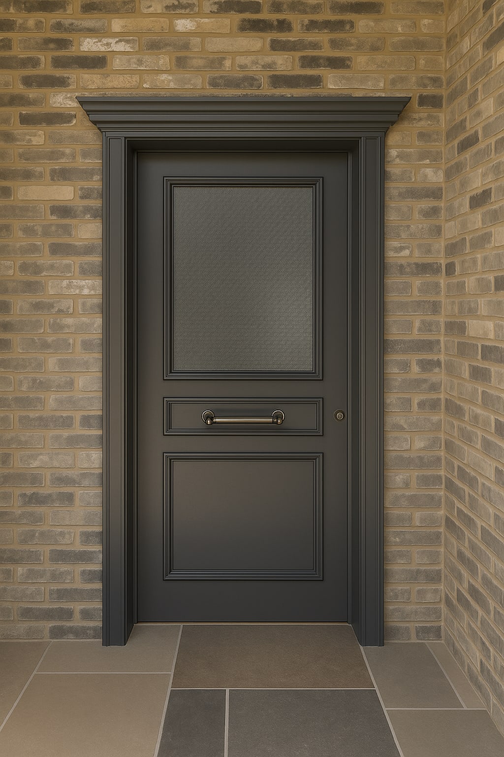 דלת כניסה מעץ מלא משולבת זכוכית חלבית בצבע אפור כהה מאט