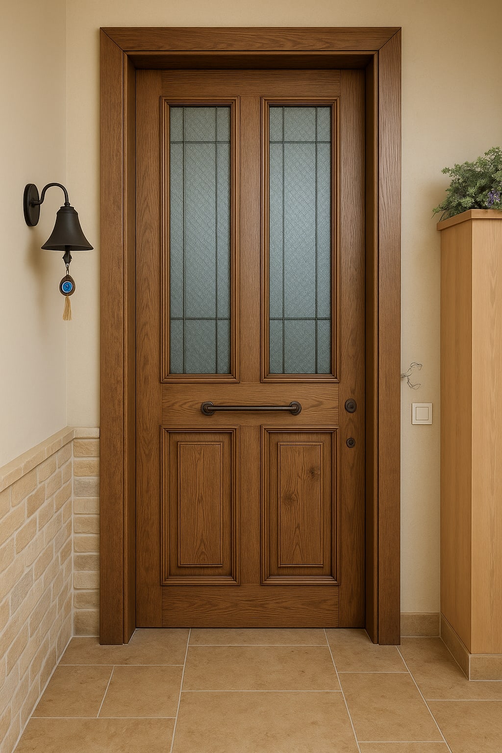 דלת כניסה מעץ מלא בצבע עץ טבעי משולבת זכוכית חלבית