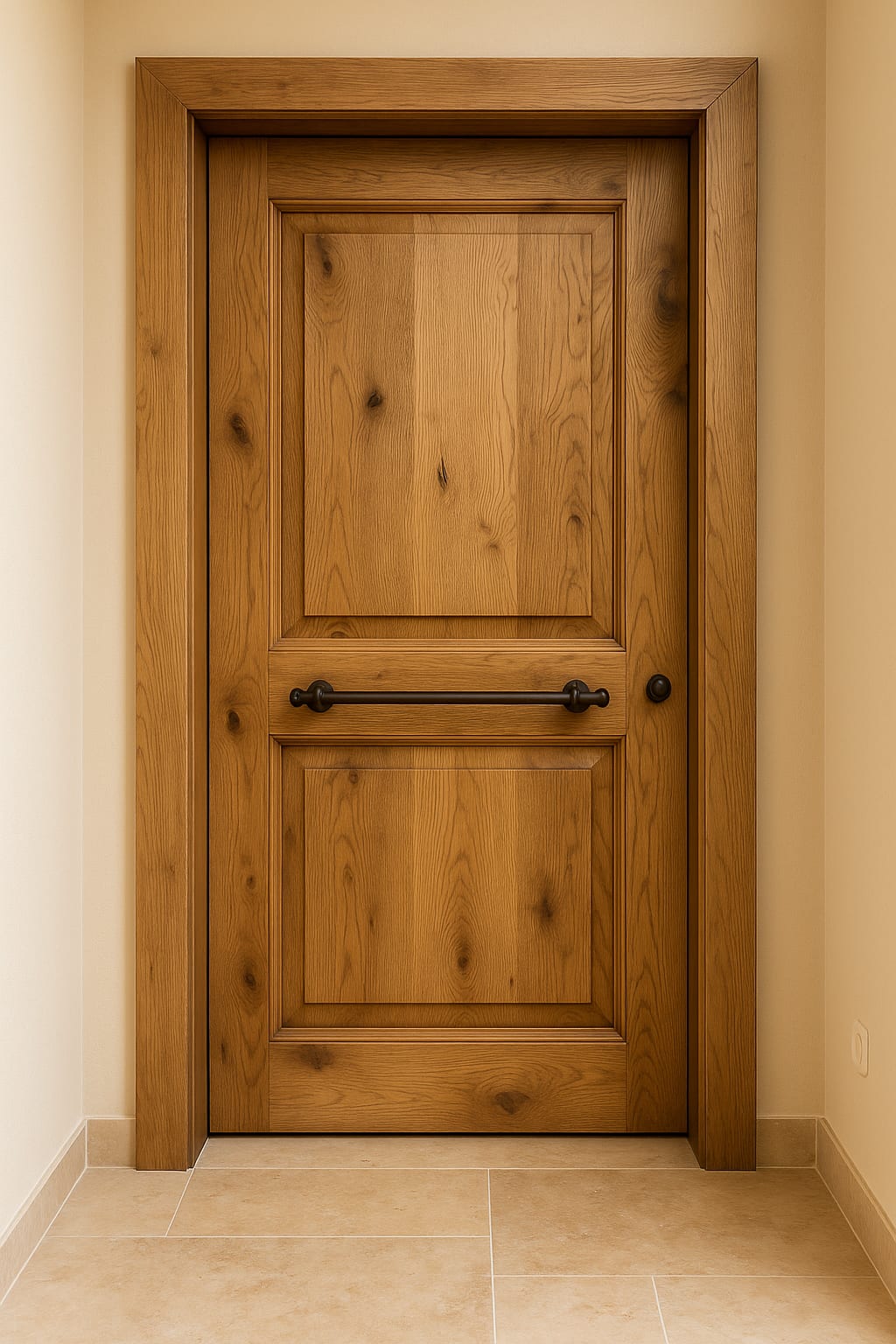 דלת כניסה מעץ מלא בגוון עץ טיבעי ופרזול מוט לרוחב