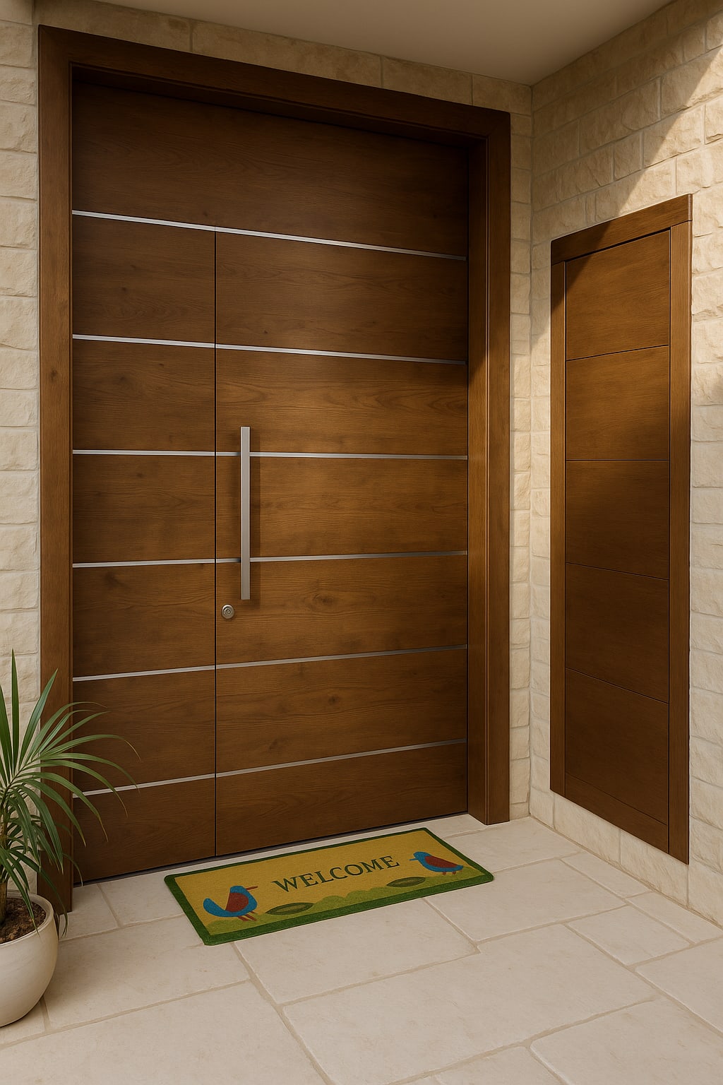 דלת כניסה מעץ מלא בגוון עץ אגוז טיבעי