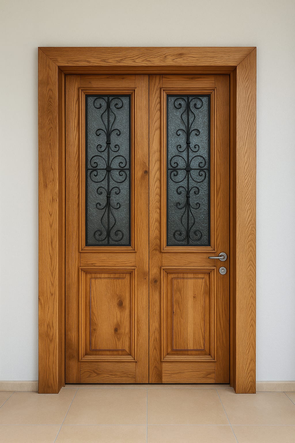 דלת כניסה מעץ מלא בגוון עץ טבעי בשילוב סורגים על מלבני זכוכית