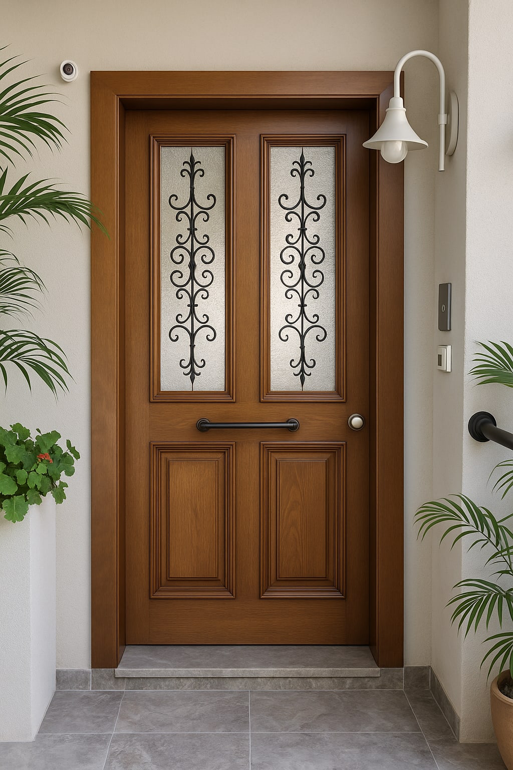 דלת כניסה מעץ מלא בגוון כהה טבעי בשילוב סורגים על מלבני זכוכית