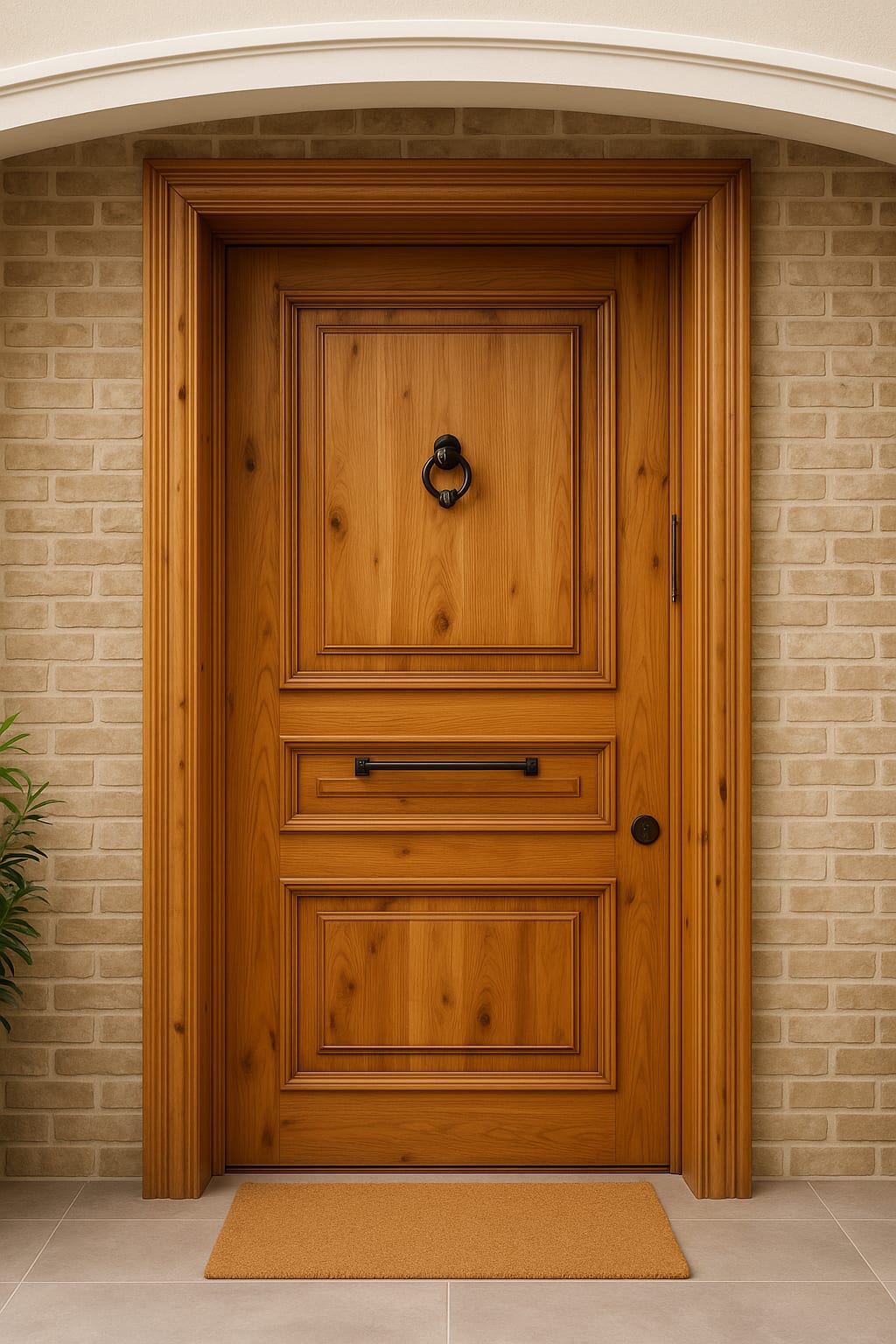 דלת כניסה מעץ מלא בגוון טבעי בשילוב חריטות גאומטריות