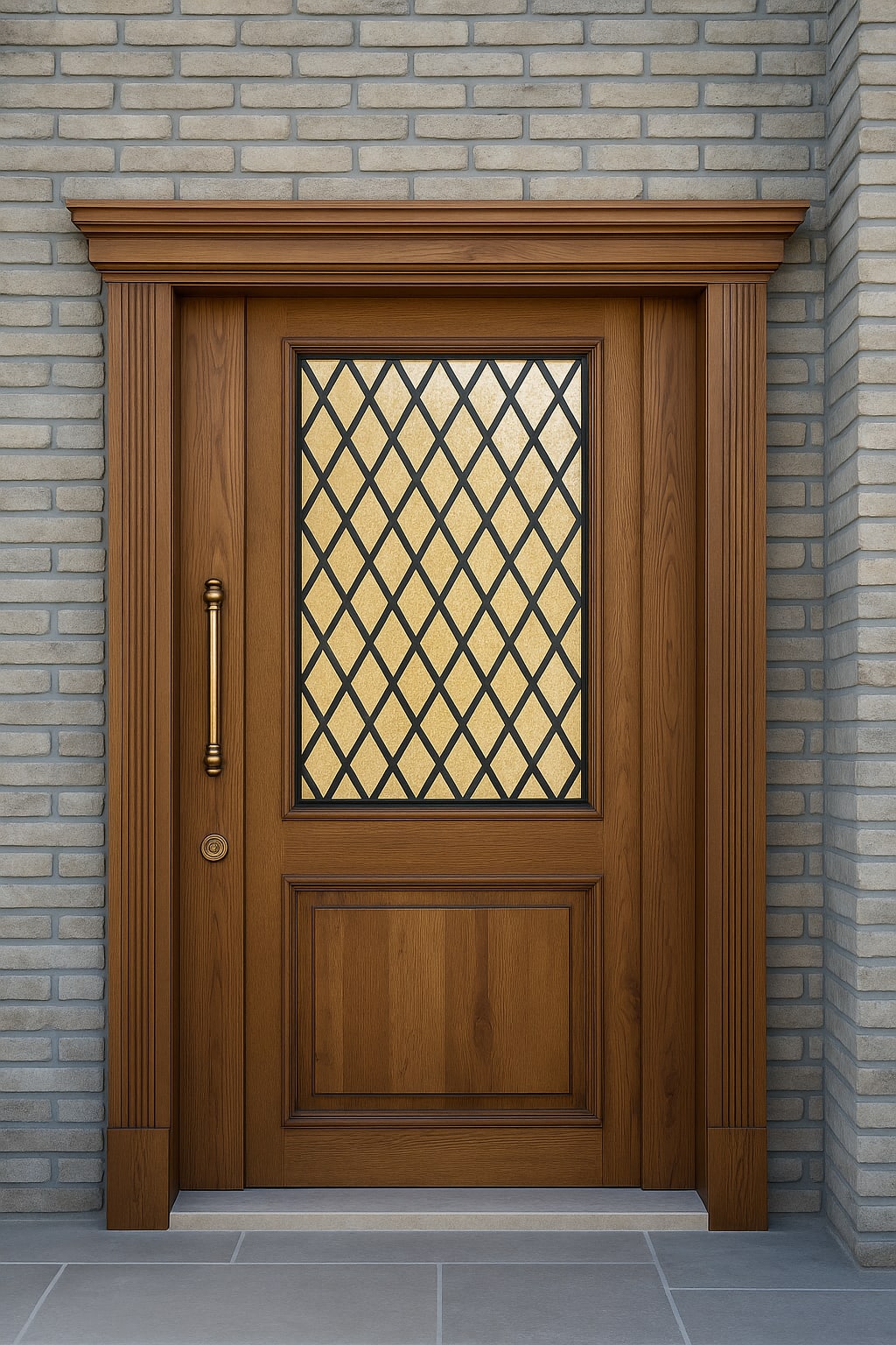 דלת כניסה מעץ מלא בגוון עץ טבעי כהה בשילוב סורגים וזכוכית
