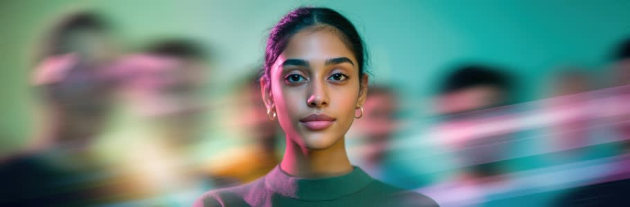 A degree apprentice student posing for the camera, with blurred figures behind them.
