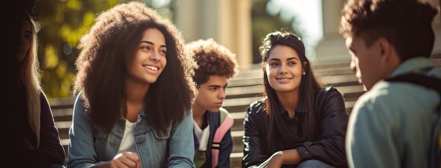 An image of students discussing university courses