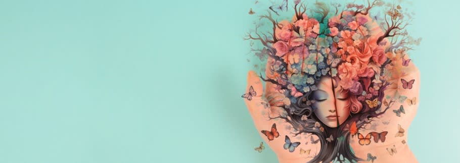 Image of a student, bright colours and sketches