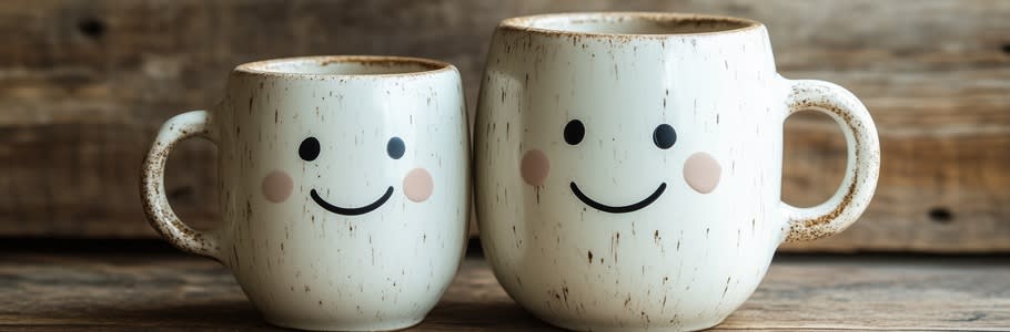 Two smiling mugs, side by side. One is bigger than the other.