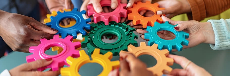 A circle of hands, each holding a colourful cog.