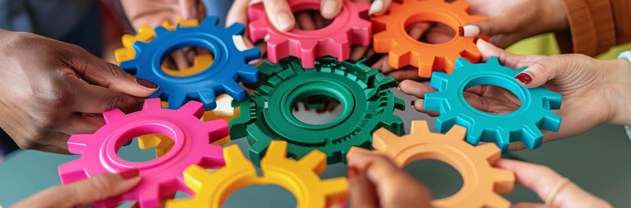 A collection of colourful cogs being slotted together by a group of people.