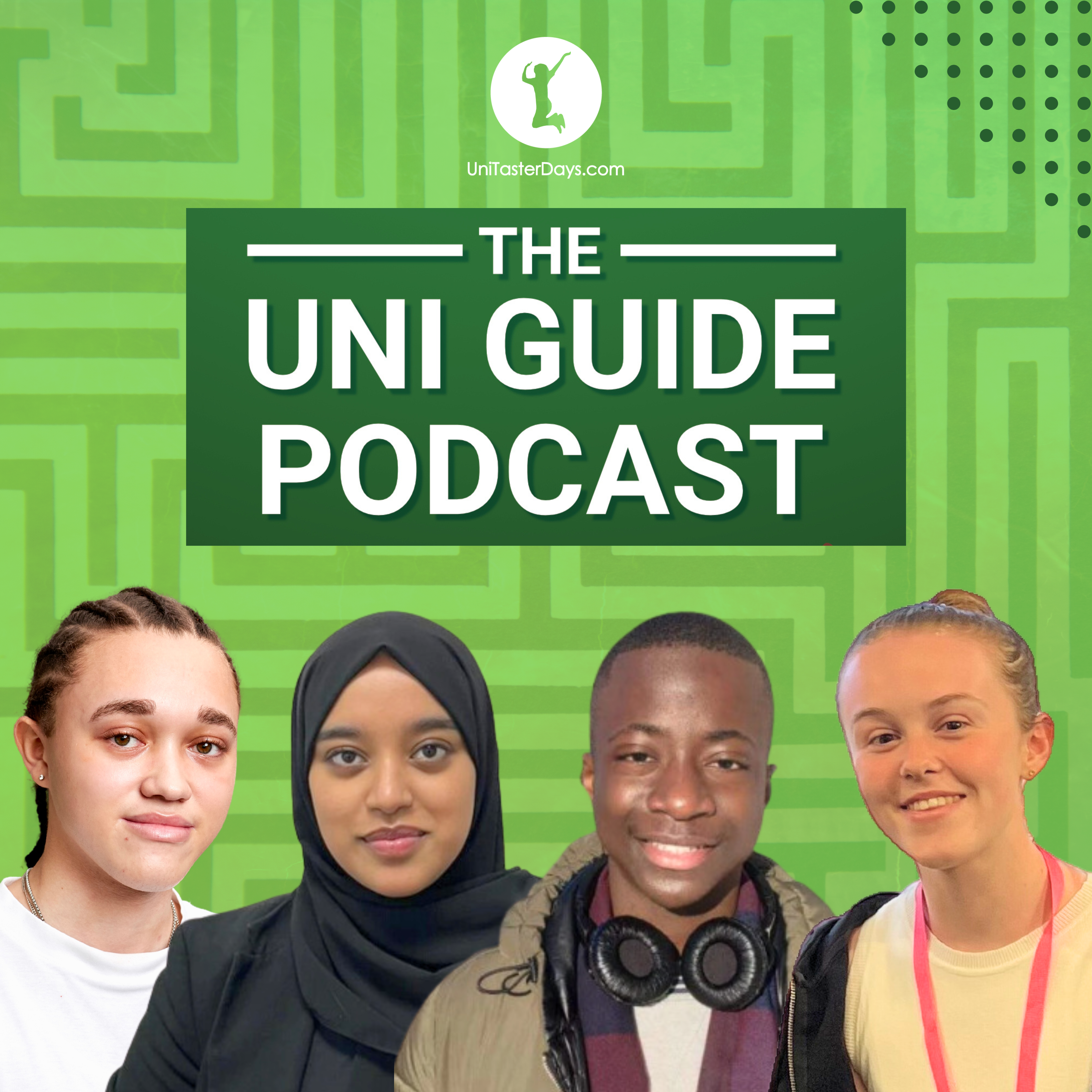 Uni Guide Podcast logo and hosts